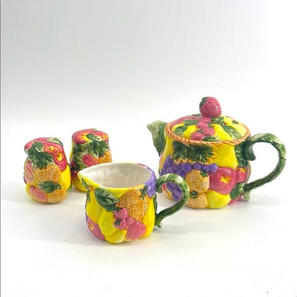 Vintage Fitz & Floyd Calypso Fruit Teapot Creamer Salt & Pepper Shaker Set - Picture 1 of 10